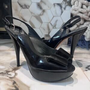 Stuart Weitzman Black Patent Peep Toe Slingback Bowery Platform Stilettos Sz 10